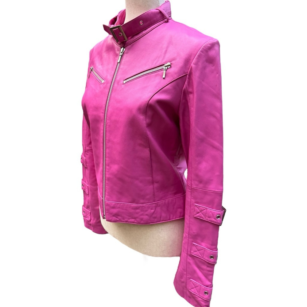 Fuchsia Pink Leather Moto Jacket São Paulo Size 6 – Cropped Buckle Sleeve Biker - Picture 14 of 15